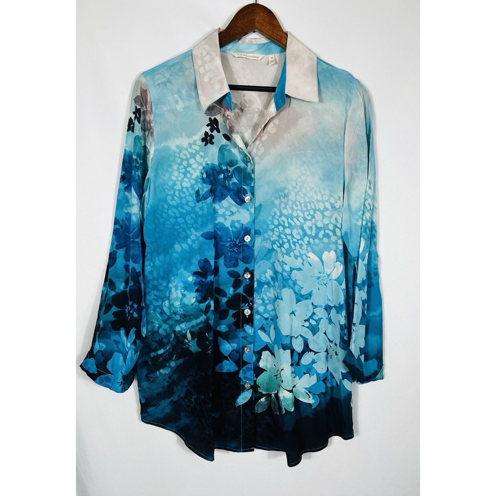 Soft Surroundings Blue Leopard Floral 100% Silk Button Up Tunic Top Size M Artsy